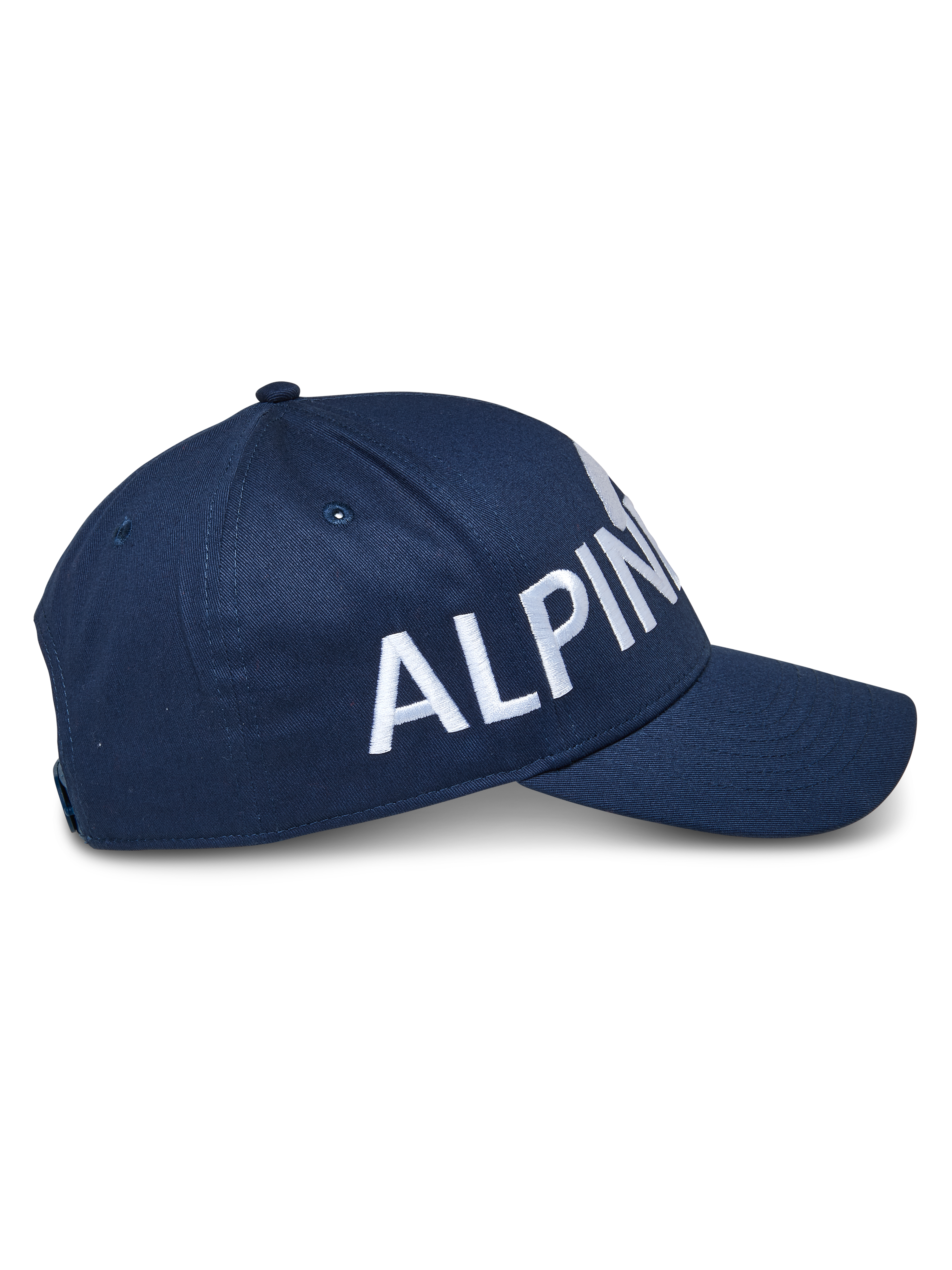 Alpinestars Committed pet, snapback baseballcap, donkerblauw, zijaanzicht met groot wit geborduurd logo, gestructureerde kroon met gebogen klep, duurzame twill-stof, casual motorsport hoofddeksel
