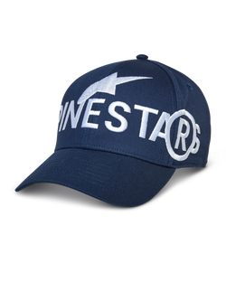 Alpinestars Committed Hat, casquette de baseball bleu marine, grand logo brodé blanc, visière courbée, calotte structurée, style sportswear décontracté