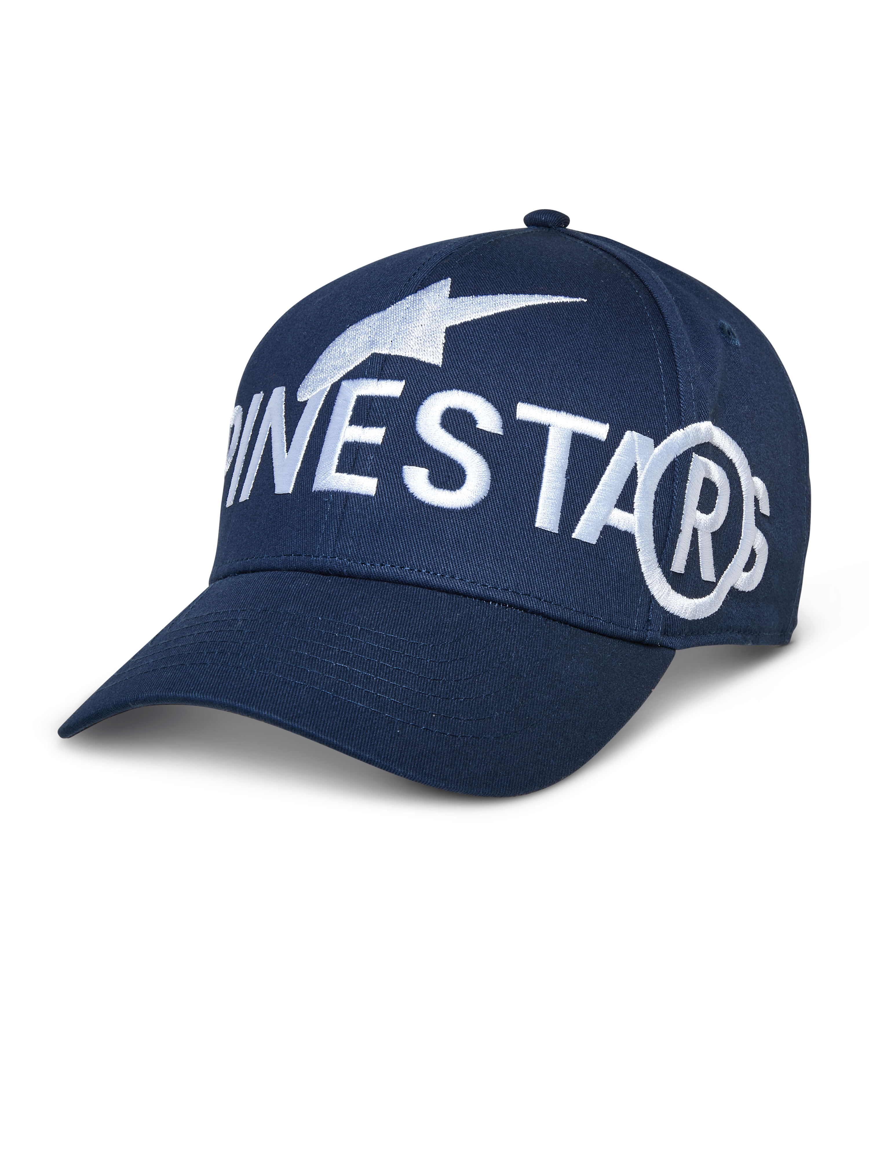 Alpinestars Committed Hat, casquette de baseball bleu marine, grand logo brodé blanc, visière courbée, calotte structurée, style sportswear décontracté