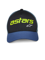 Alpinestars Vital Trucker pet, casual truckerpet, zwart en blauw met groene mesh achterzijde, voorzien van limoengroene 'astars' tekst en wit A-star logo, gebogen klep en gestructureerde kroon
