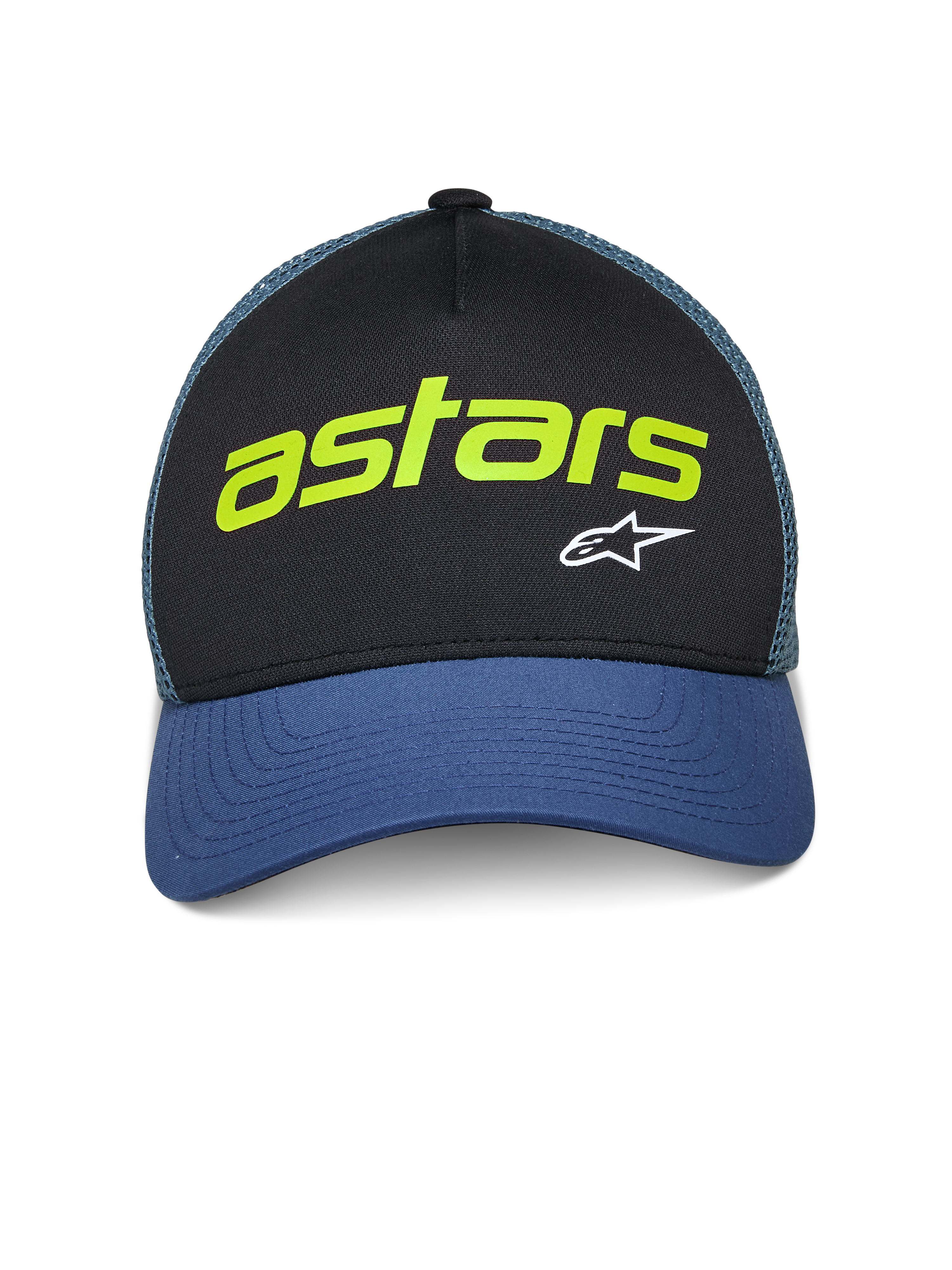 Alpinestars Vital Trucker pet, casual truckerpet, zwart en blauw met groene mesh achterzijde, voorzien van limoengroene 'astars' tekst en wit A-star logo, gebogen klep en gestructureerde kroon