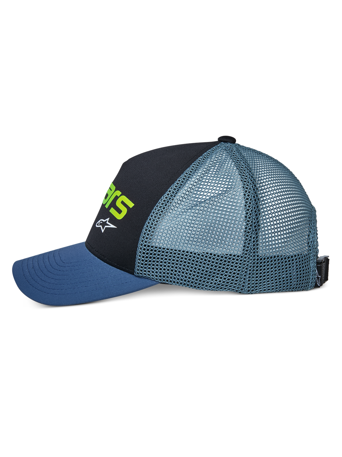 Alpinestars Vital Trucker pet, zijaanzicht, met een blauwe gebogen klep, zwart gestructureerd voorpaneel met limoengroene tekst en wit logo, groenblauwe mesh achterkant en verstelbare gespsluiting, casual motorsport hoofdbedekking