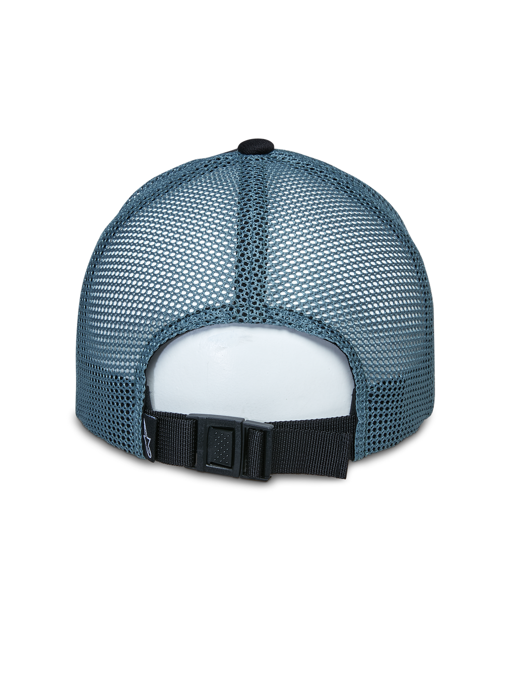 Alpinestars Vital Trucker pet, achteraanzicht, blauwe mesh achterpanelen, zwarte verstelbare gespsluiting, gestructureerde kroon, casual sportswear