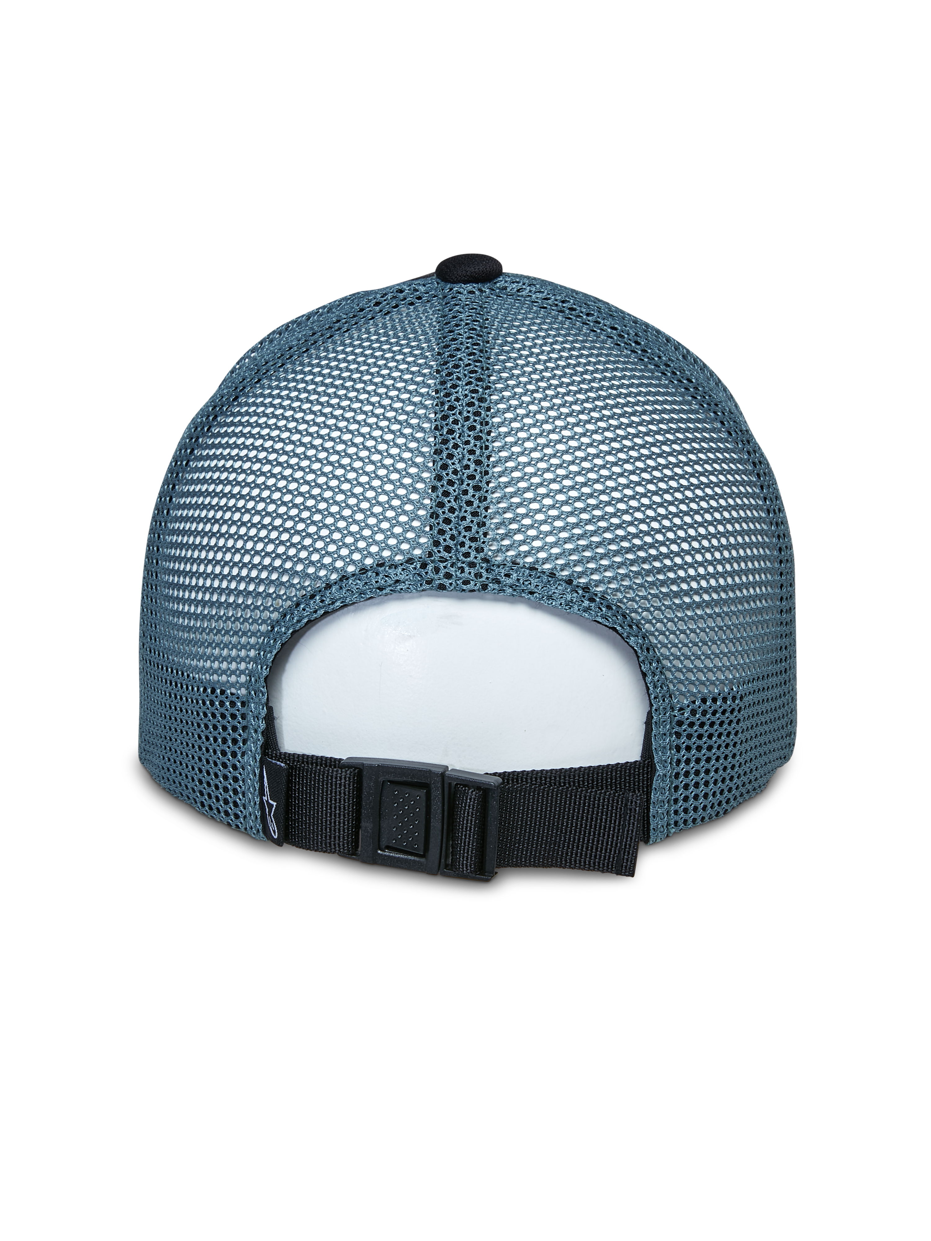 Alpinestars Vital Trucker pet, achteraanzicht, blauwe mesh achterpanelen, zwarte verstelbare gespsluiting, gestructureerde kroon, casual sportswear