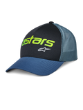 Alpinestars Vital Trucker Hat, casual truckerpet, zwart en blauw, limoengroen Astars-logo en witte ster, gestructureerde kroon, gebogen klep, geventileerde mesh achterzijde