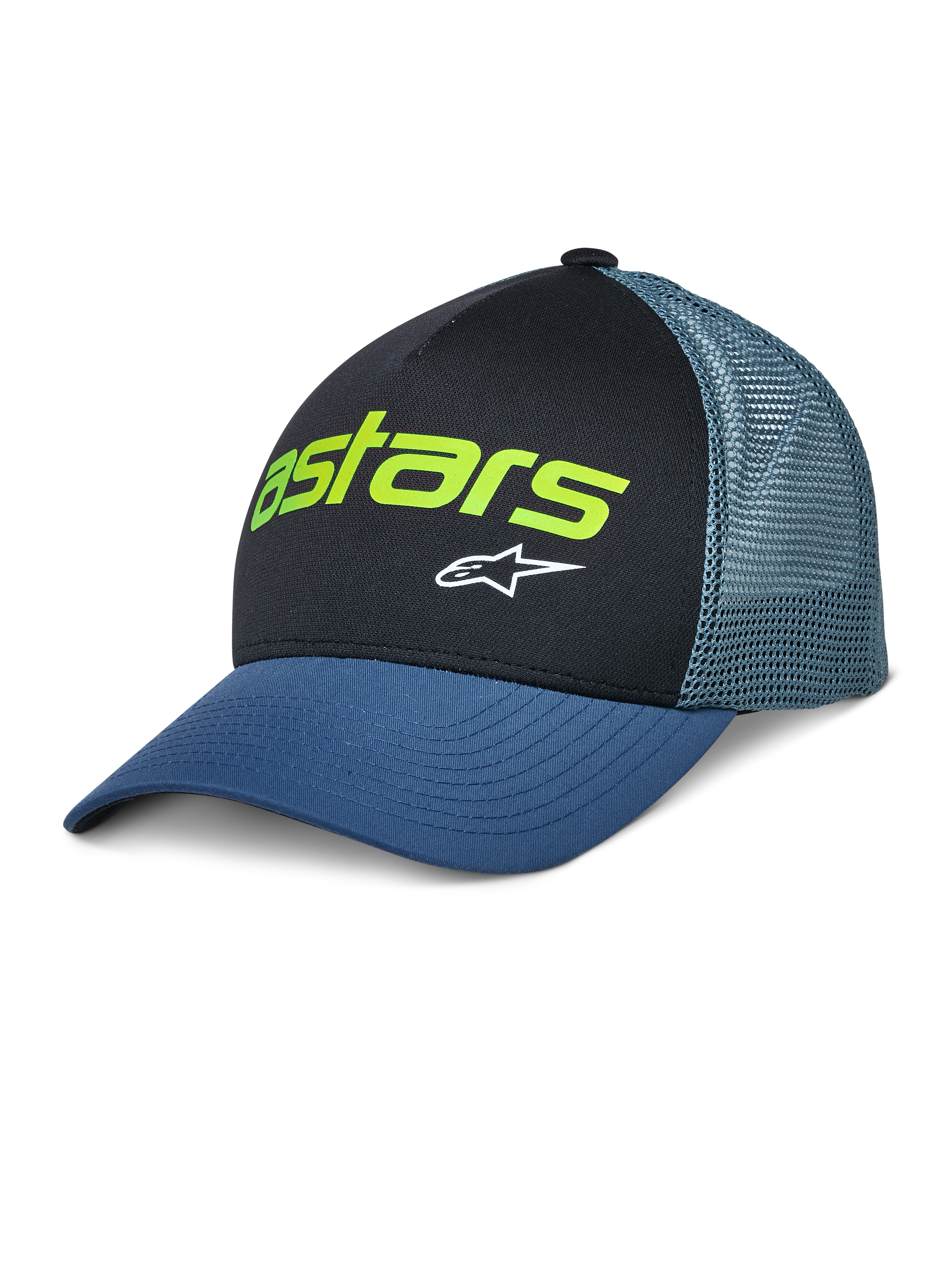 Alpinestars Vital Trucker Hat, casual truckerpet, zwart en blauw, limoengroen Astars-logo en witte ster, gestructureerde kroon, gebogen klep, geventileerde mesh achterzijde