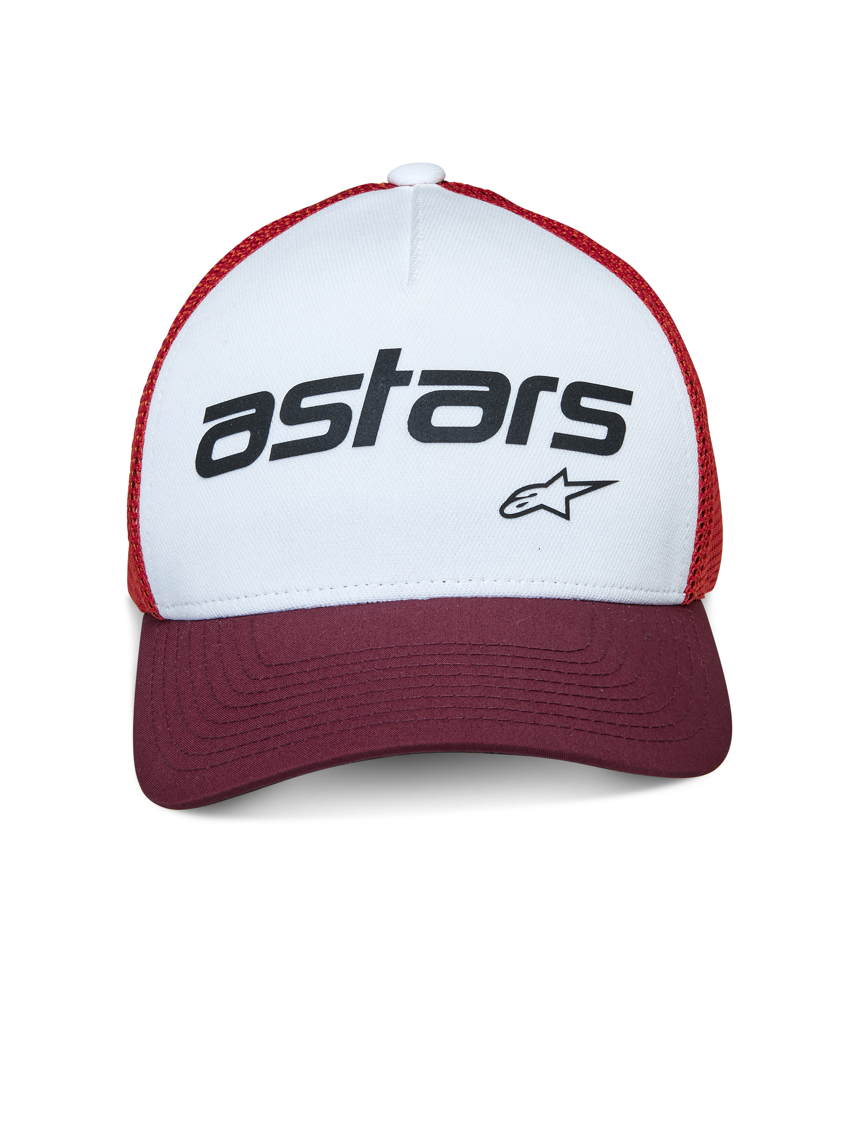 Alpinestars Vital Trucker Hat, truckerpet, wit, maroon en oranje, voorzien van een wit voorpaneel met zwart 'astars' logo, een maroon gebogen klep en oranje mesh, casual hoofddeksel geïnspireerd op de motorsport