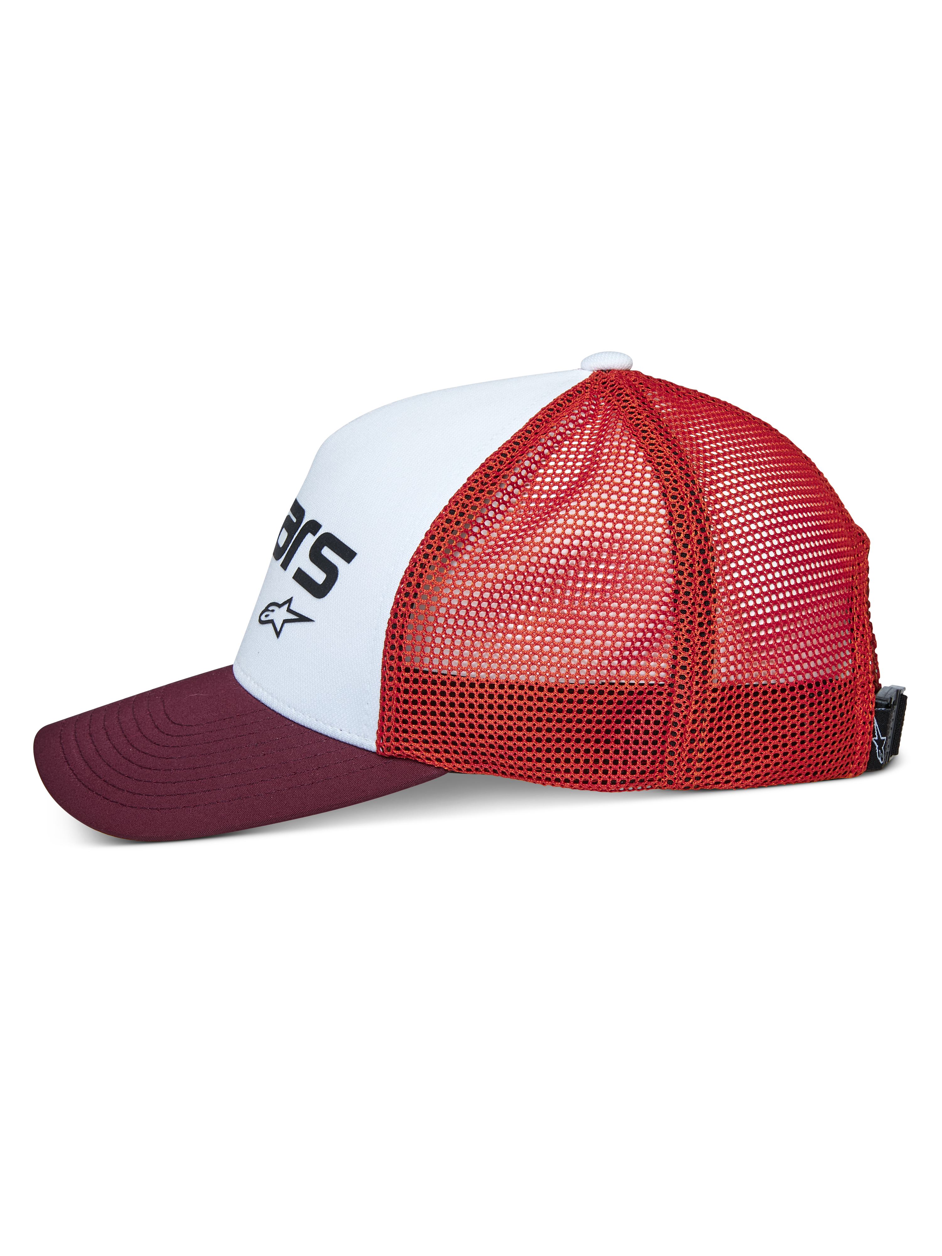 Alpinestars Vital Trucker Pet, zijaanzicht, wit gestructureerd voorpaneel met zwart logo, bordeauxrode gebogen klep, oranje mesh achterzijde, casual sportswear pet