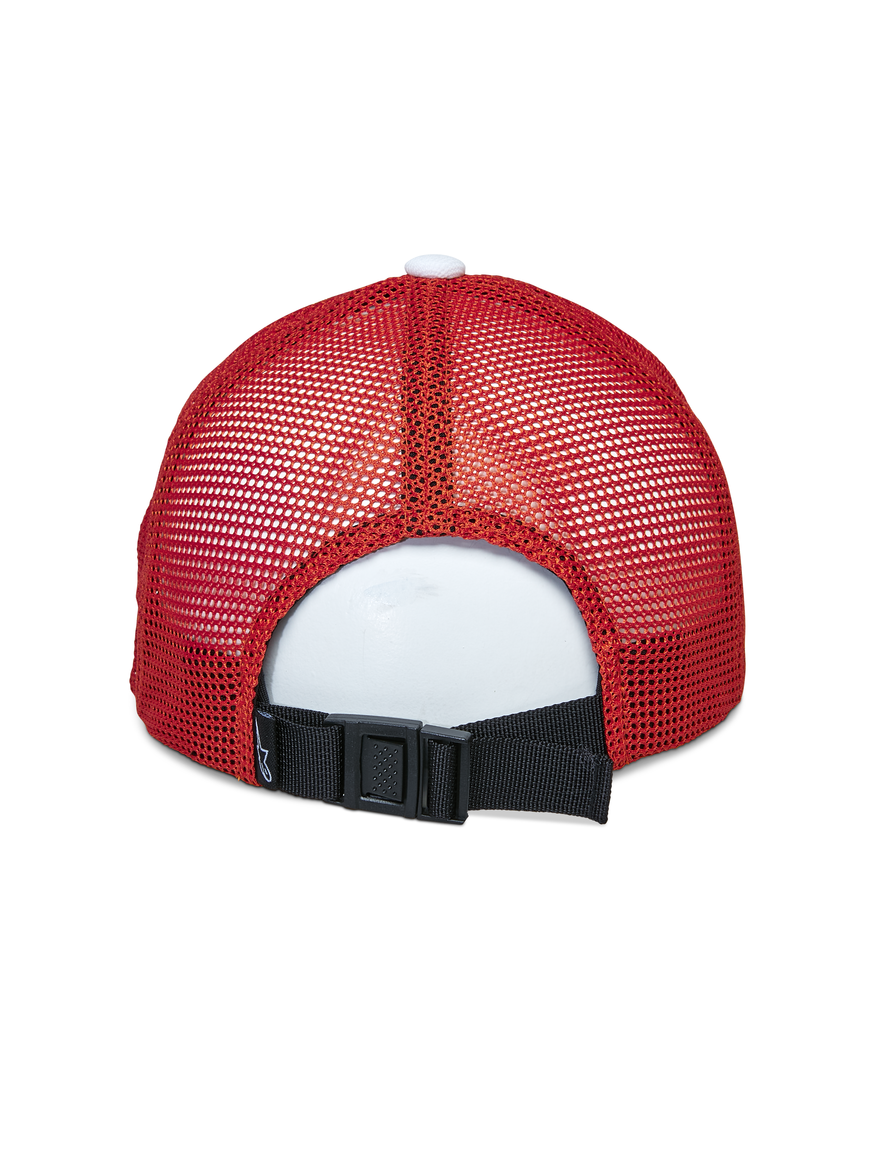 Alpinestars Vital Trucker pet, achteraanzicht, White Maroon Orange, met rode mesh panelen en een zwarte verstelbare gespsluiting aan de achterzijde, casual sportswear hoofdbedekking