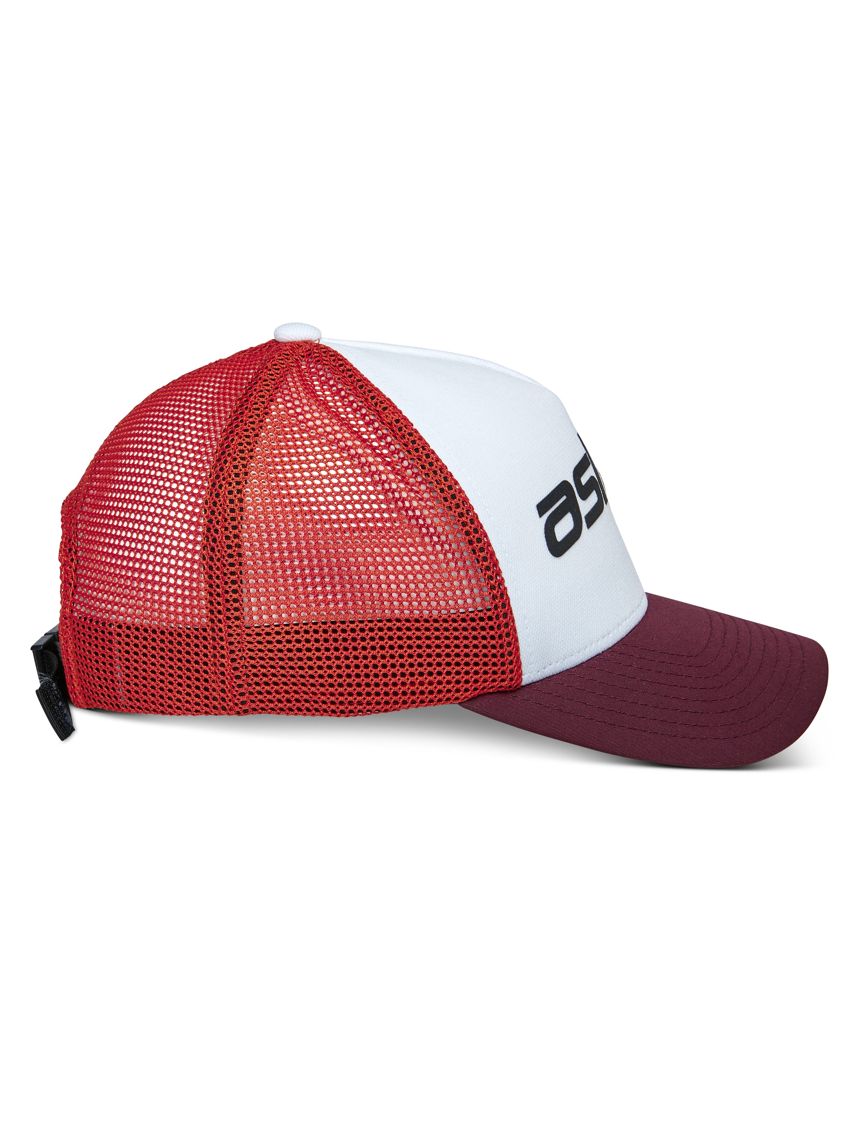 Alpinestars Vital Trucker Pet, casual truckerpet, wit bordeauxrood oranje, zijprofielaanzicht met een gebogen klep en mesh achterkant, verstelbare gespsluiting, gestructureerde kroon met zwart logo