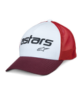 Alpinestars Vital Trucker Pet, wit voorpaneel met bordeauxrode gebogen klep en rode mesh achterzijde, zwart Astars-tekstlogo, casual gestructureerde truckerpet met gebogen klep