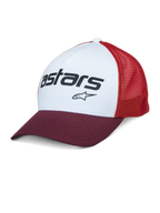 Alpinestars Vital Trucker Pet, wit voorpaneel met bordeauxrode gebogen klep en rode mesh achterzijde, zwart Astars-tekstlogo, casual gestructureerde truckerpet met gebogen klep