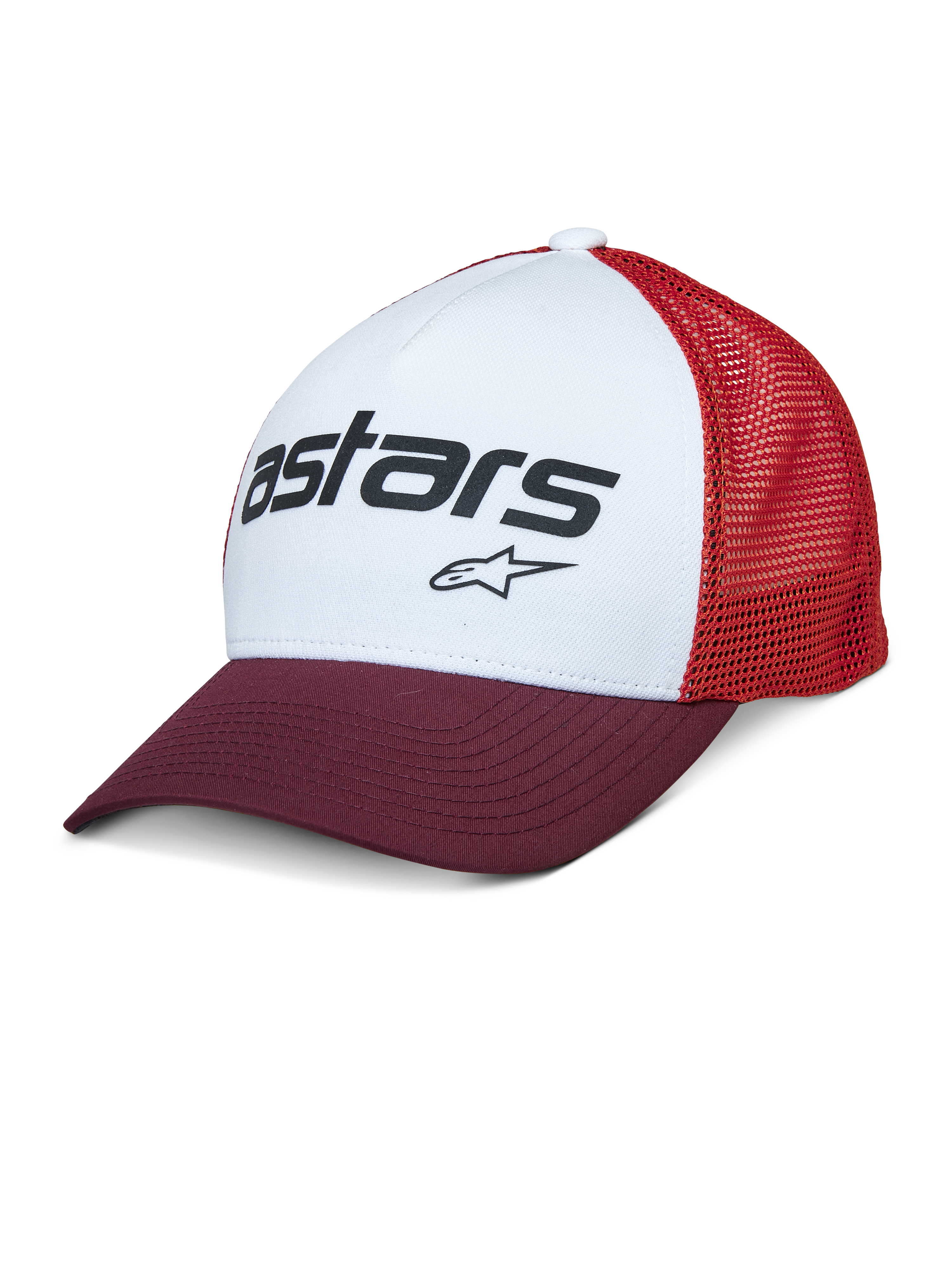 Alpinestars Vital Trucker Pet, wit voorpaneel met bordeauxrode gebogen klep en rode mesh achterzijde, zwart Astars-tekstlogo, casual gestructureerde truckerpet met gebogen klep