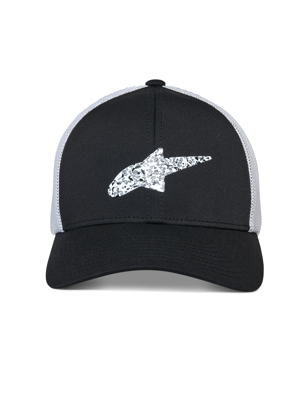 Alpinestars Terolithic Trucker pet, sportswear pet, zwart met witte mesh achterkant, wit Alpinestars sterlogo met textuur op de voorkant, gebogen klep en gestructureerde lage kroon