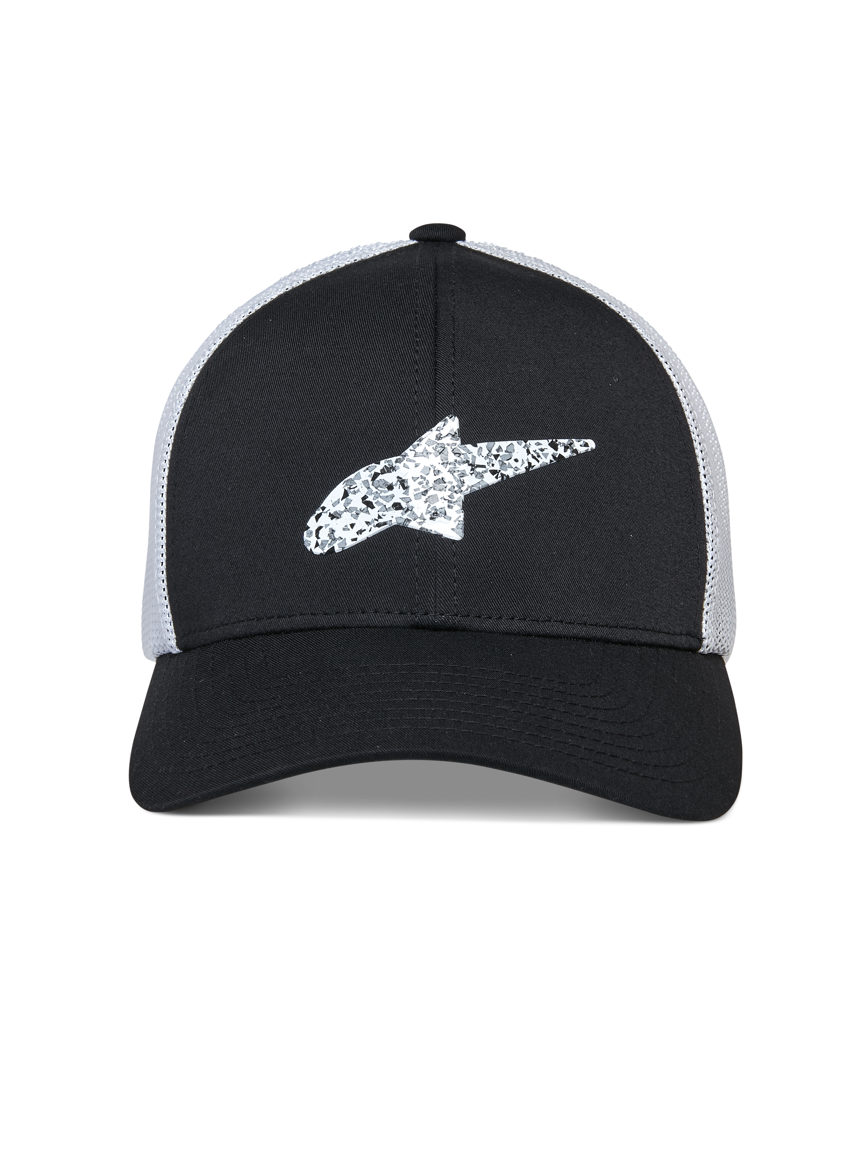 Alpinestars Terolithic Trucker pet, sportswear pet, zwart met witte mesh achterkant, wit Alpinestars sterlogo met textuur op de voorkant, gebogen klep en gestructureerde lage kroon