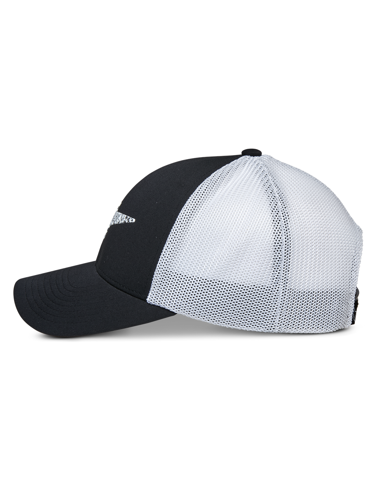 Alpinestars Terolithic Trucker pet, zijaanzicht, zwarte voorpanden en gebogen klep met witte mesh achterpanelen, casual sportswear snapback pet