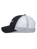 Alpinestars Terolithic Trucker pet, zijaanzicht, zwarte voorpanden en gebogen klep met witte mesh achterpanelen, casual sportswear snapback pet
