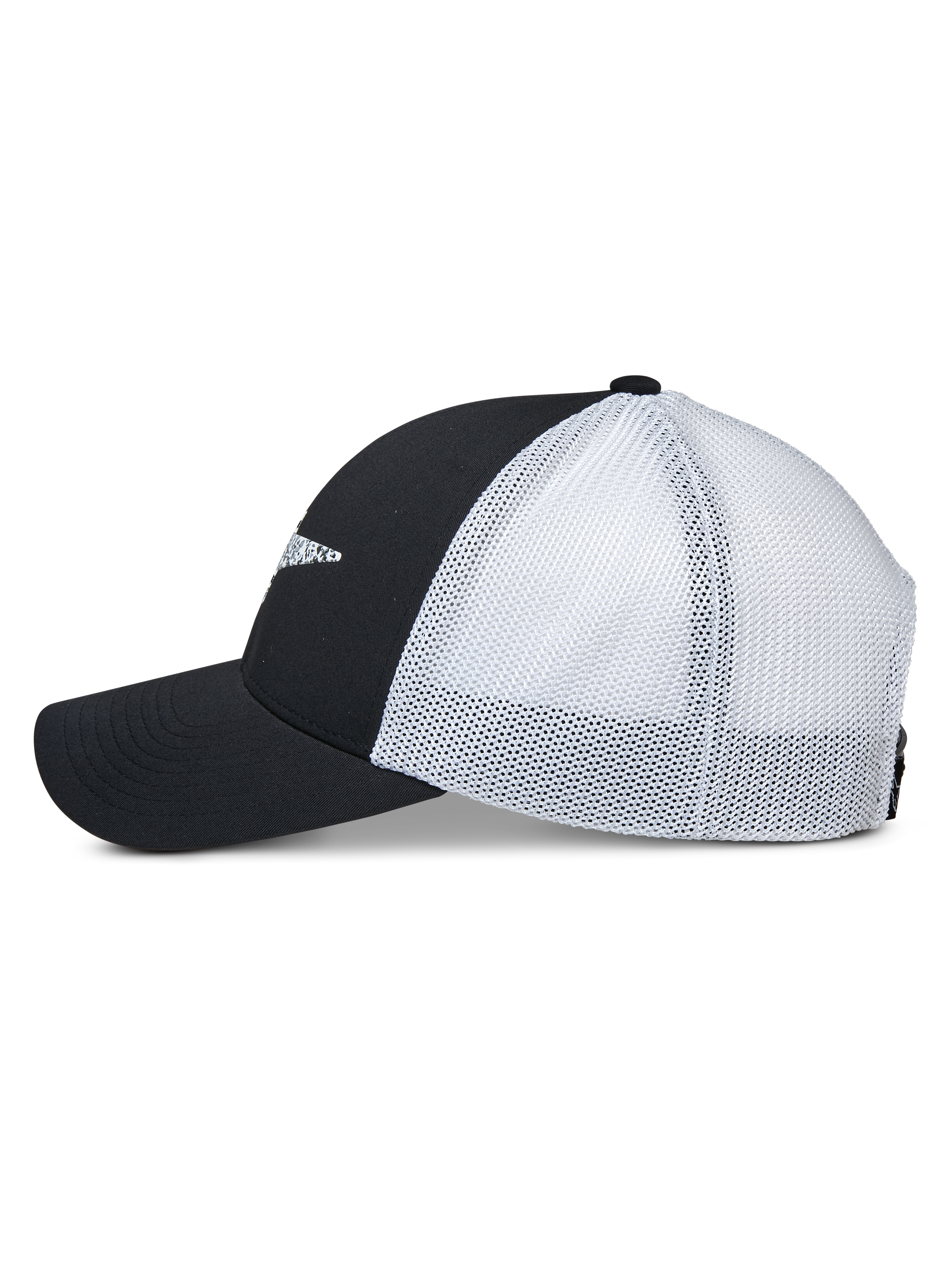 Alpinestars Terolithic Trucker pet, zijaanzicht, zwarte voorpanden en gebogen klep met witte mesh achterpanelen, casual sportswear snapback pet