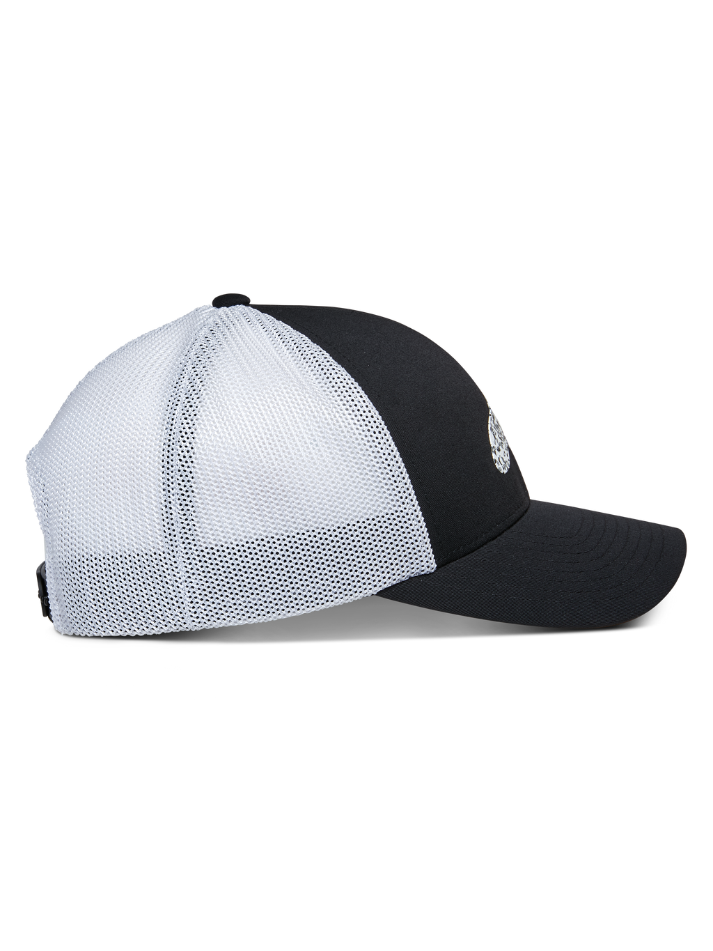 Alpinestars Terolithic Trucker pet, zijaanzicht, zwart voorpaneel met gebogen klep, witte mesh achterpanelen, gestructureerde lage kroon, klassieke trucker-stijl pet