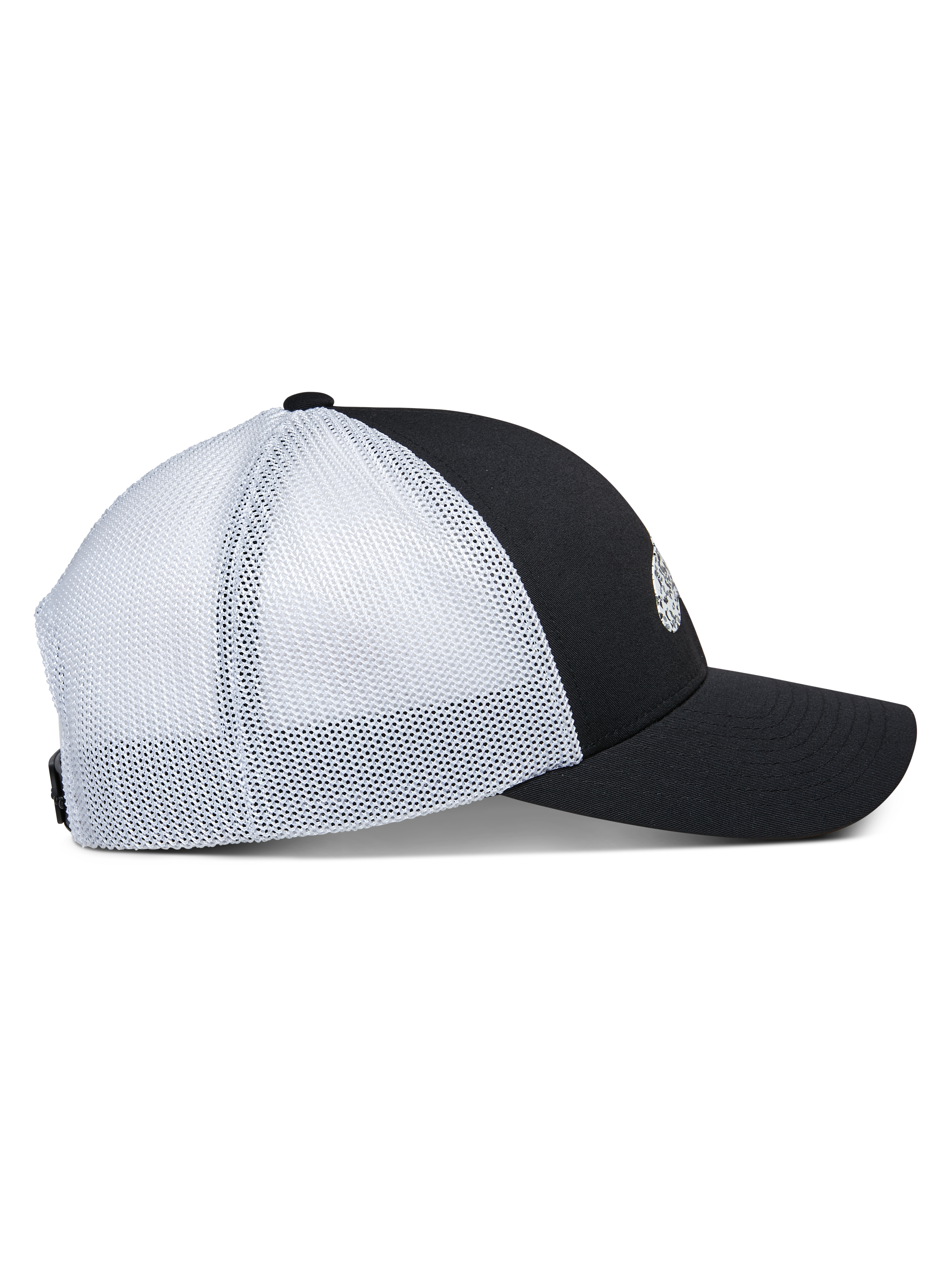 Alpinestars Terolithic Trucker pet, zijaanzicht, zwart voorpaneel met gebogen klep, witte mesh achterpanelen, gestructureerde lage kroon, klassieke trucker-stijl pet