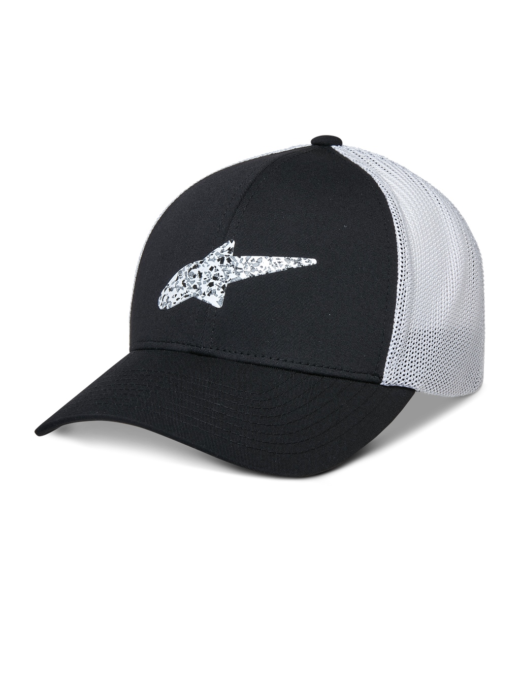 Alpinestars Terolithic Trucker Hat, zwart en wit, baseballcap met gebogen klep en gepatroneerd TPU-sterlogo, wit ademend mesh achterpaneel, gestructureerd ontwerp met lage kroon