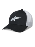 Alpinestars Terolithic Trucker Hat, zwart en wit, baseballcap met gebogen klep en gepatroneerd TPU-sterlogo, wit ademend mesh achterpaneel, gestructureerd ontwerp met lage kroon