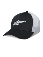 Alpinestars Terolithic Trucker Hat, zwart en wit, baseballcap met gebogen klep en gepatroneerd TPU-sterlogo, wit ademend mesh achterpaneel, gestructureerd ontwerp met lage kroon