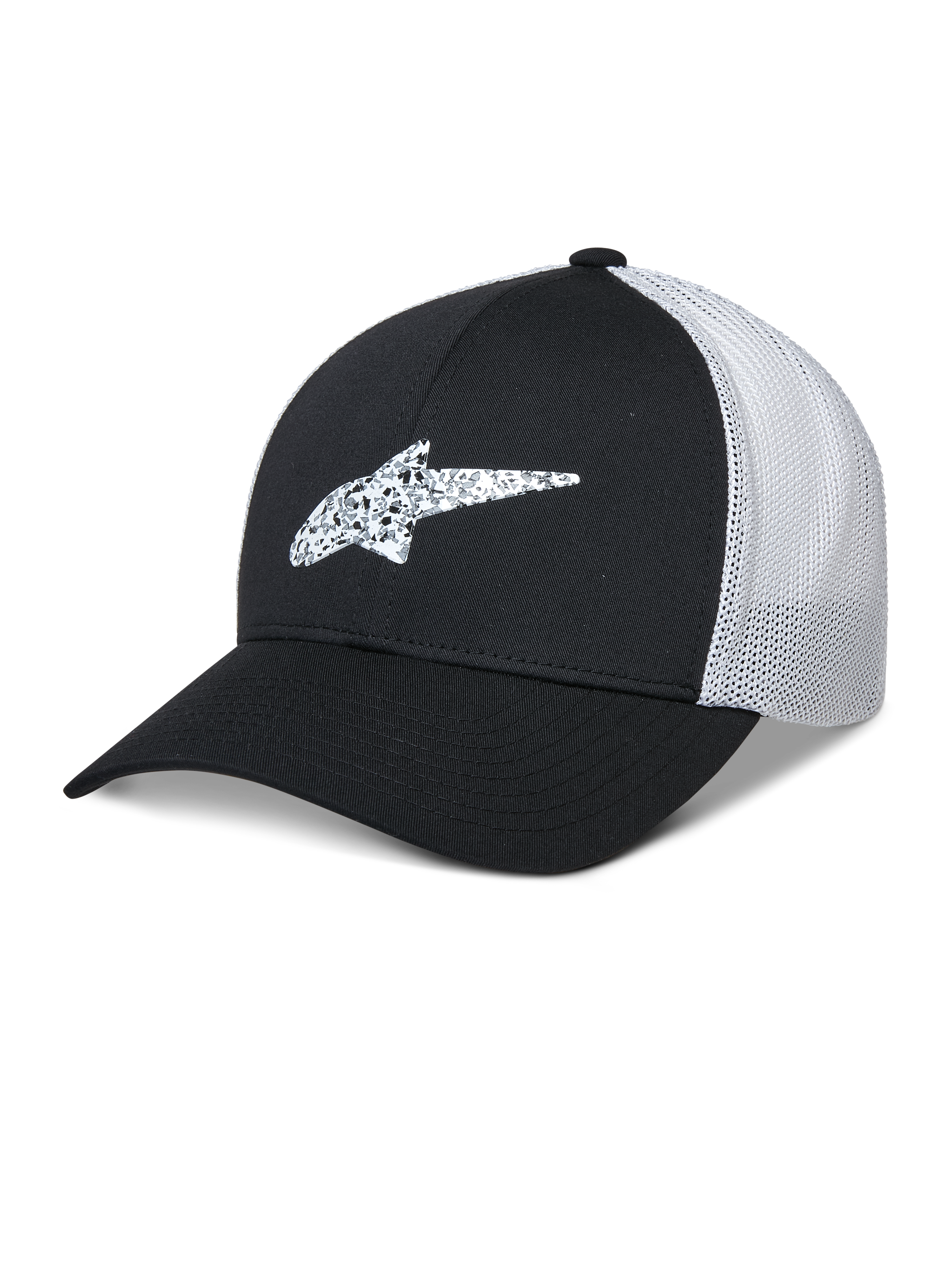 Alpinestars Terolithic Trucker Hat, Black and White, curved brim baseball cap with patterned TPU star logo, white breathable mesh back panel, structured low crown design