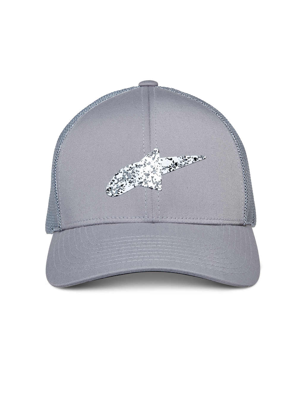 Alpinestars Terolithic Trucker pet, grijs, voorzien van een gespikkeld zwart-wit Astar-logo, gebogen klep en achterzijde van mesh, casual op de motorsport geïnspireerde hoofdbedekking