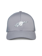 Alpinestars Terolithic Trucker pet, grijs, voorzien van een gespikkeld zwart-wit Astar-logo, gebogen klep en achterzijde van mesh, casual op de motorsport geïnspireerde hoofdbedekking