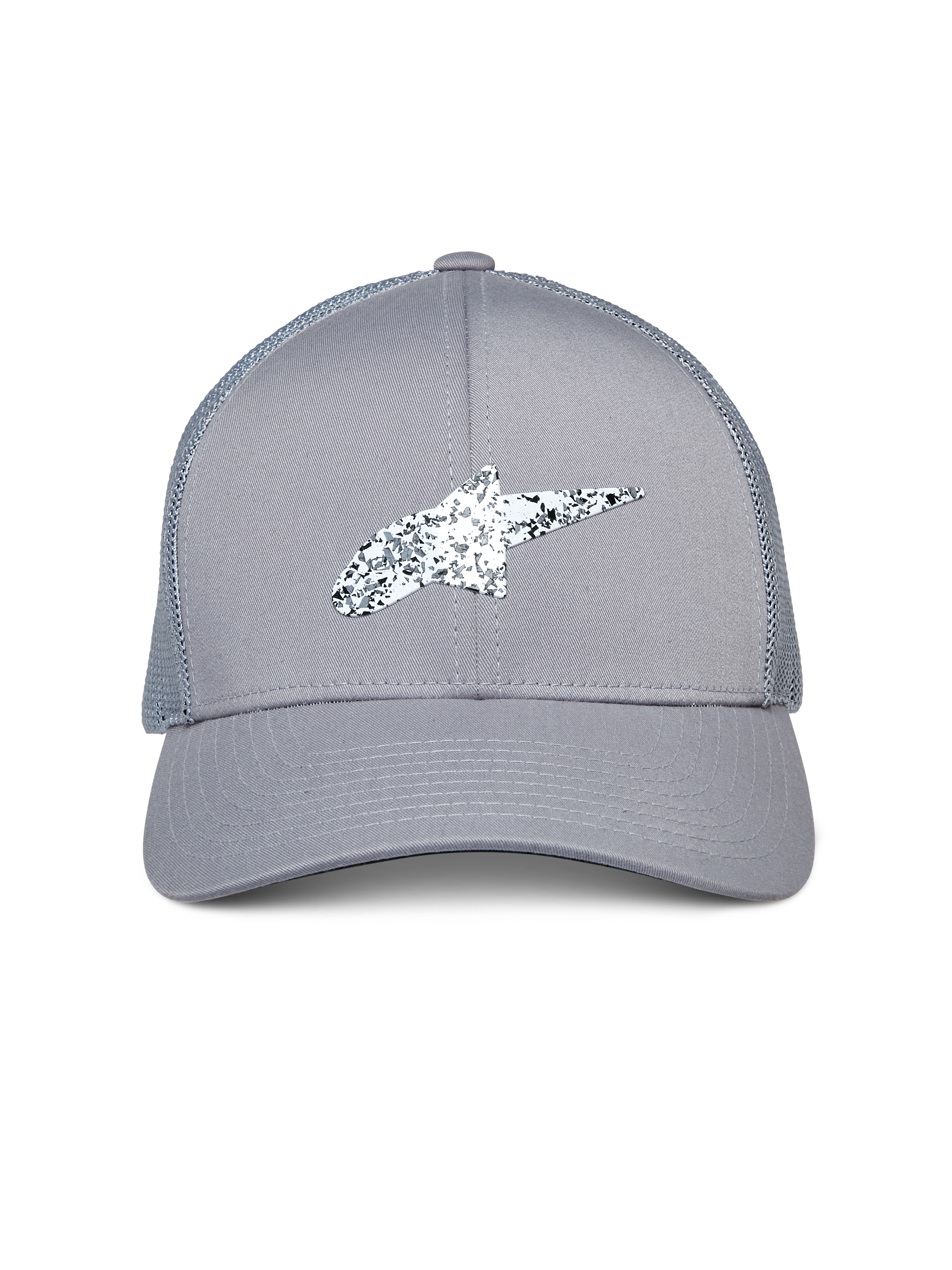 Alpinestars Terolithic Trucker pet, grijs, voorzien van een gespikkeld zwart-wit Astar-logo, gebogen klep en achterzijde van mesh, casual op de motorsport geïnspireerde hoofdbedekking