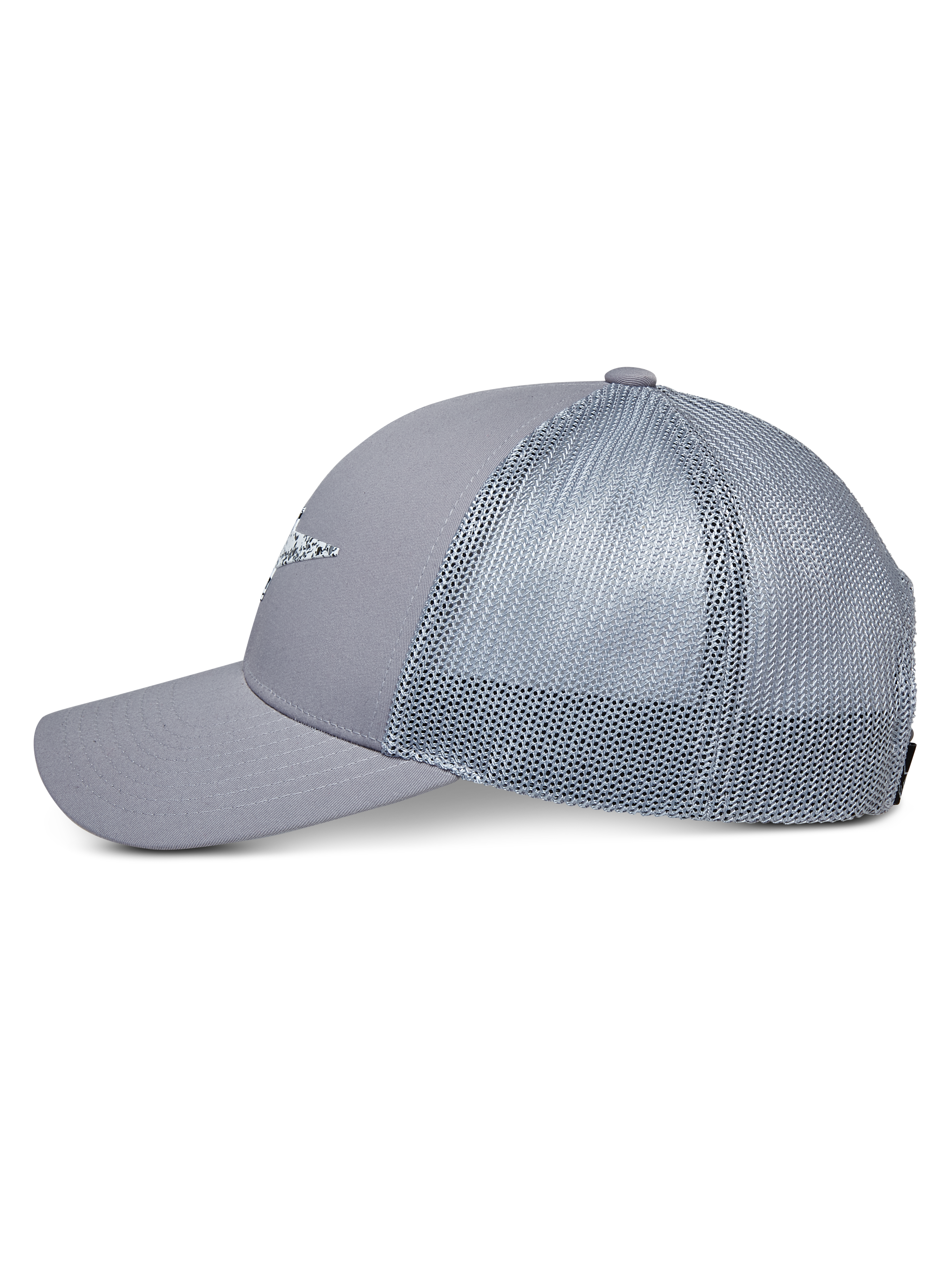 Alpinestars Terolithic Trucker pet, grijs, truckerpet met mesh achterzijde en gebogen klep, zijaanzicht, gestructureerde lage kroon met logo-detail op de voorzijde, casual op motorsport geïnspireerde hoofdbedekking