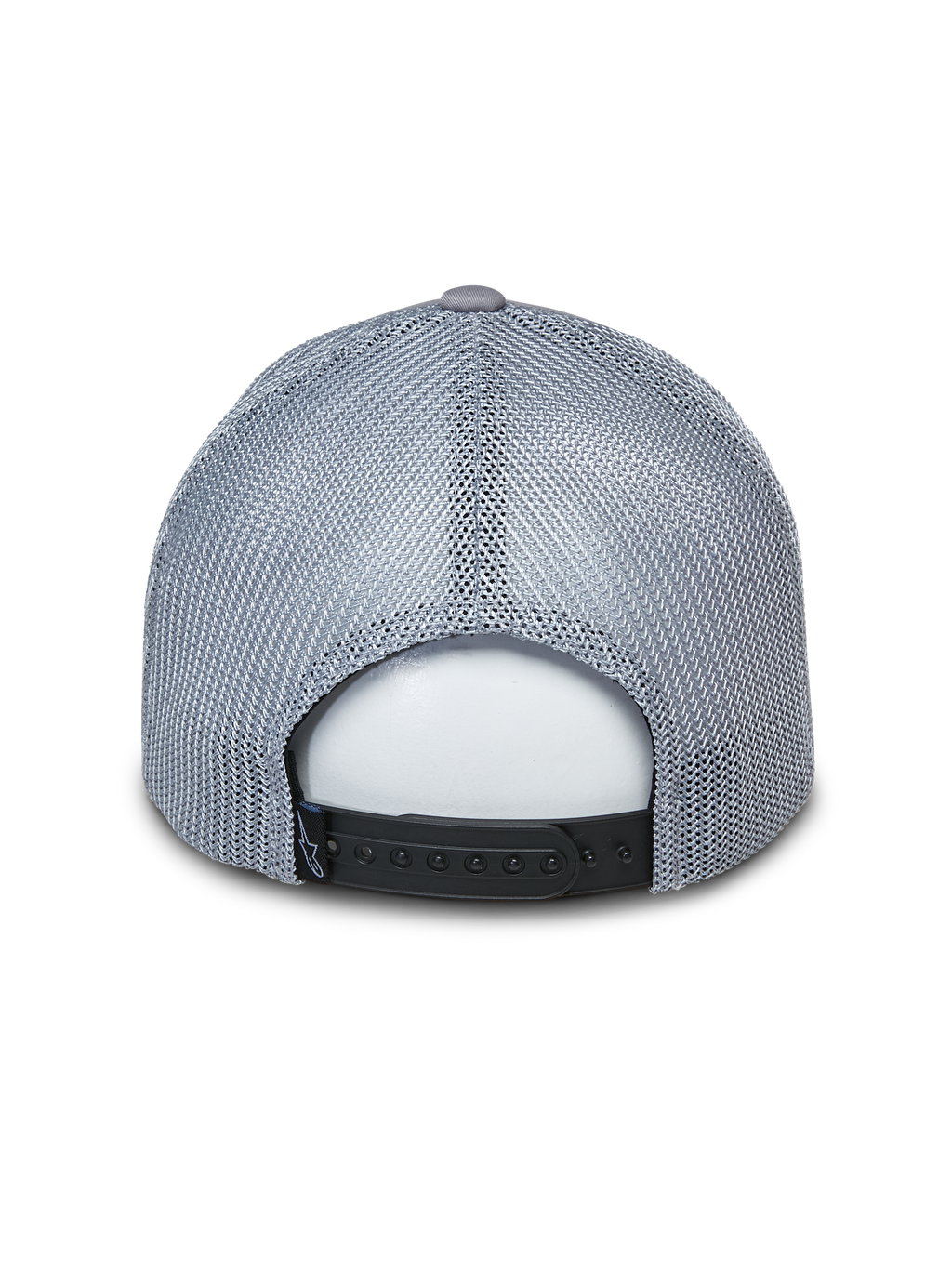 Alpinestars Terolithic Trucker pet, grijze truckerpet, achteraanzicht met grijze mesh-panelen en zwarte snapback-sluiting, casual motorsport-geïnspireerde hoofdbedekking