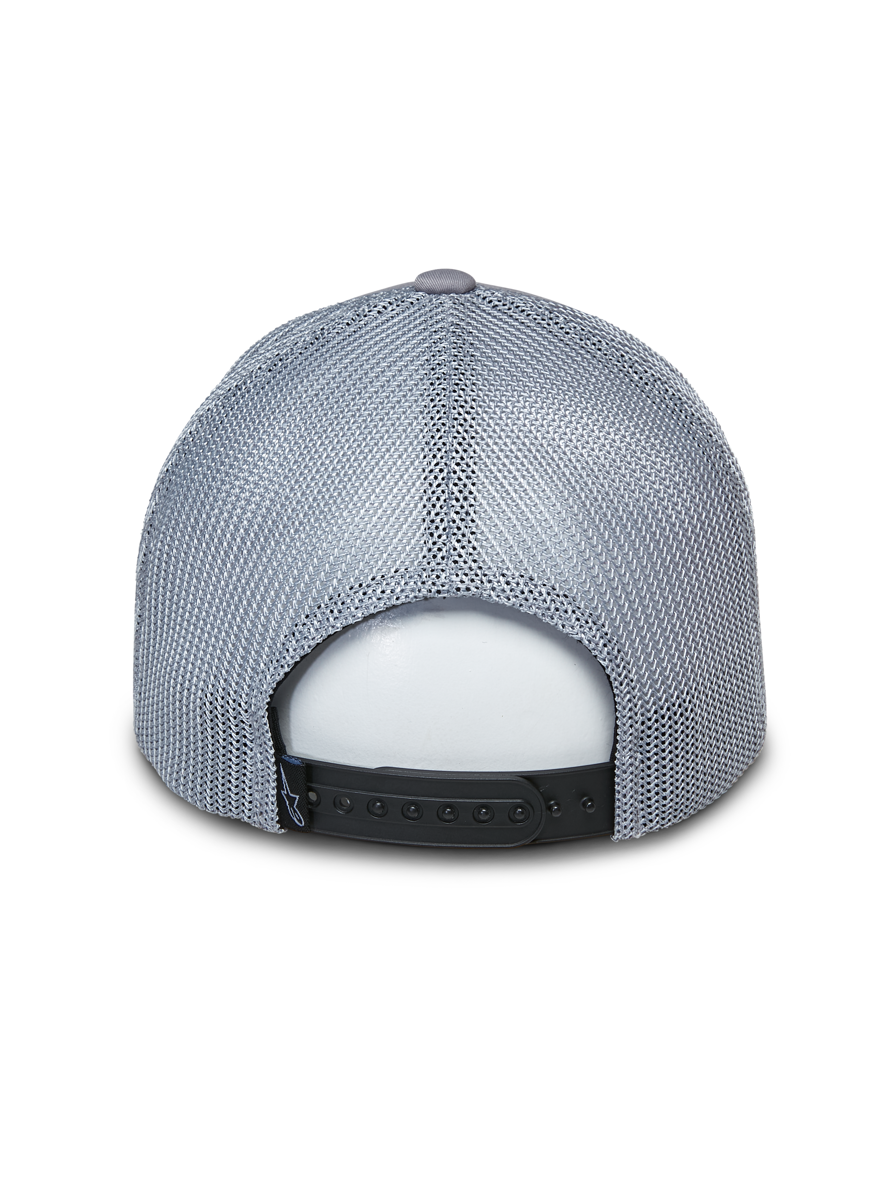Alpinestars Terolithic Trucker pet, grijze truckerpet, achteraanzicht met grijze mesh-panelen en zwarte snapback-sluiting, casual motorsport-geïnspireerde hoofdbedekking