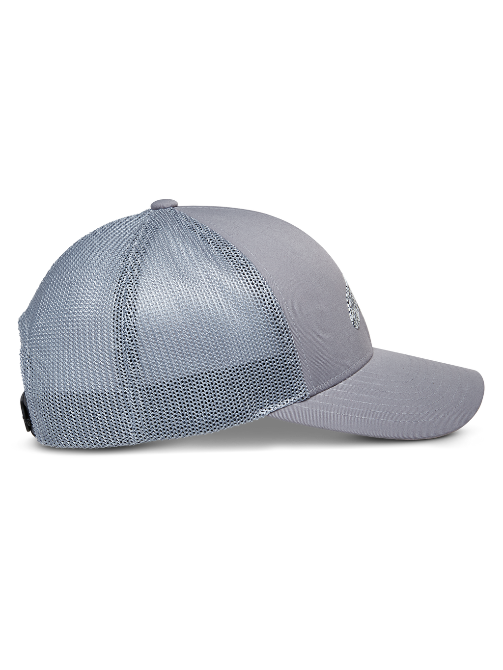 Alpinestars Terolithic Trucker pet, grijs, zijaanzicht met gebogen klep en mesh achterpanelen, gestructureerde lage kroon, casual sportkleding