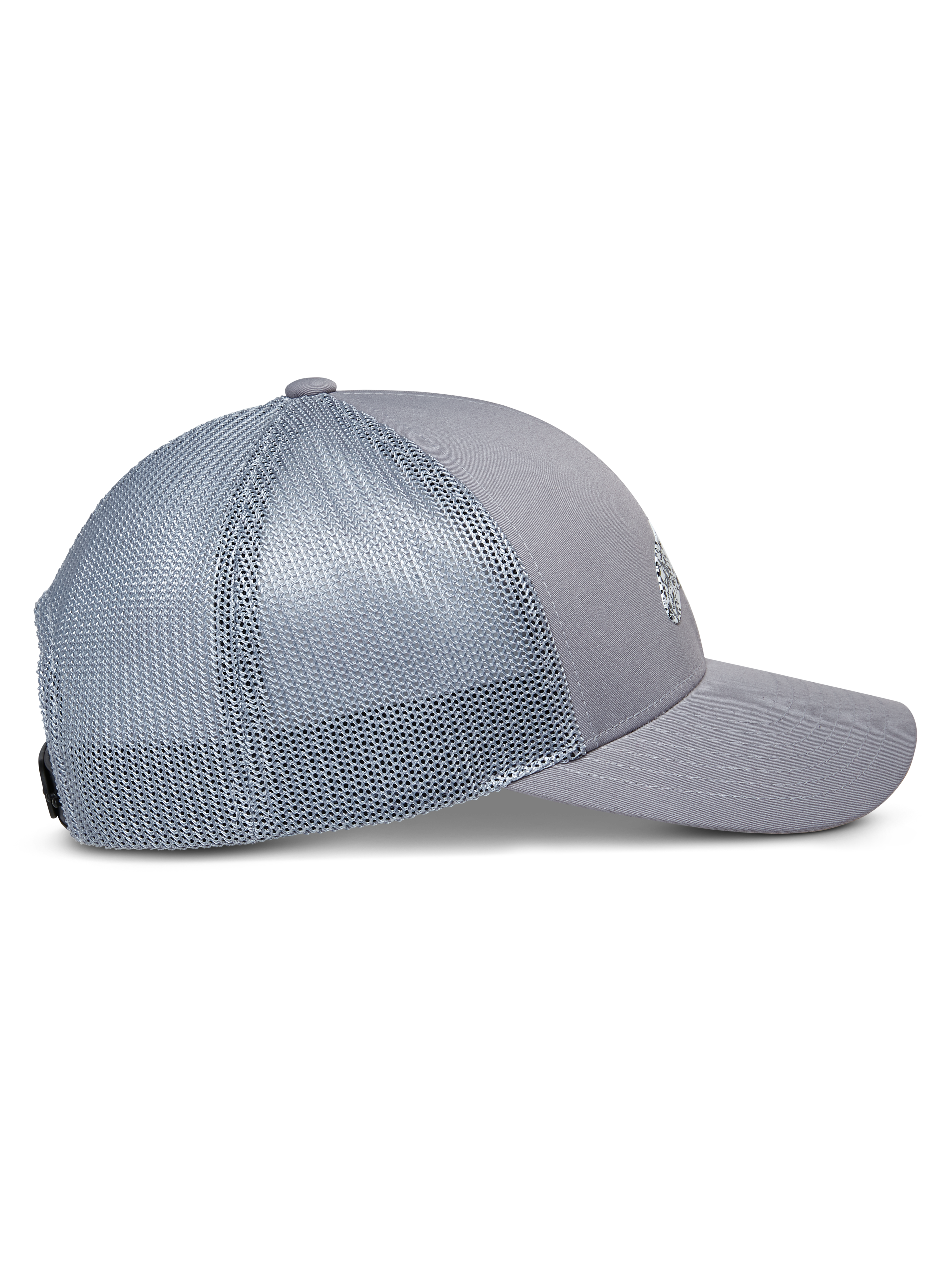 Alpinestars Terolithic Trucker pet, grijs, zijaanzicht met gebogen klep en mesh achterpanelen, gestructureerde lage kroon, casual sportkleding