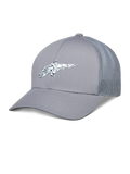 Alpinestars Terolithic Trucker Hat, grijze truckerpet, gebogen klep met mesh achterzijde, wit en zwart gespikkeld TPU-logo, casual sportkleding