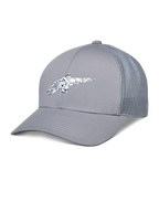 Alpinestars Terolithic Trucker Hat, grijze truckerpet, gebogen klep met mesh achterzijde, wit en zwart gespikkeld TPU-logo, casual sportkleding