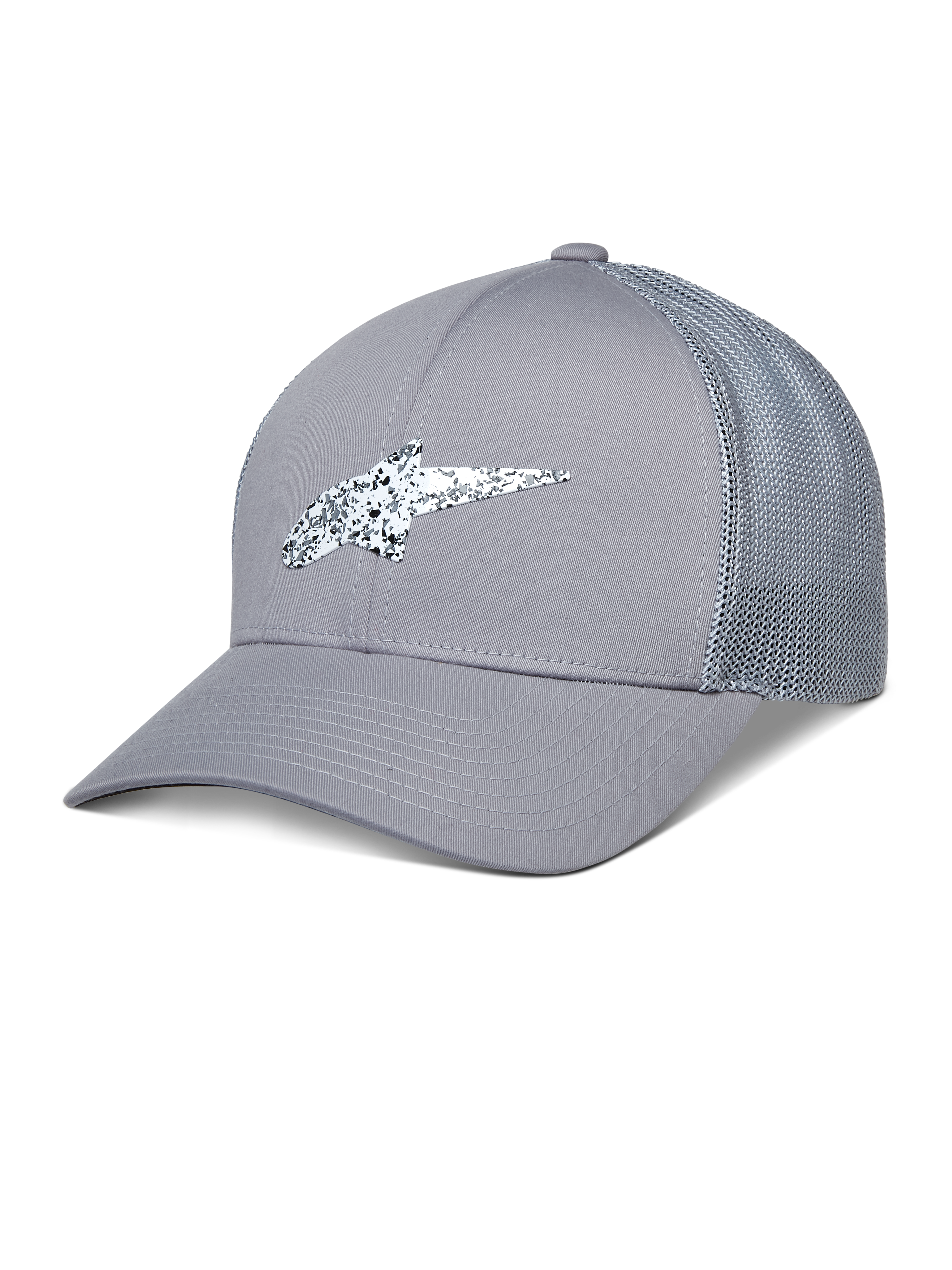 Alpinestars Terolithic Trucker Hat, grijze truckerpet, gebogen klep met mesh achterzijde, wit en zwart gespikkeld TPU-logo, casual sportkleding