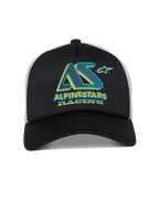 Alpinestars Ayess Trucker Pet, snapback cap, zwart en wit, groenblauwe en gele Alpinestars Racing graphic op de schuimkroon, gebogen klep en witte mesh achterzijde, casual op motorsport geïnspireerd ontwerp