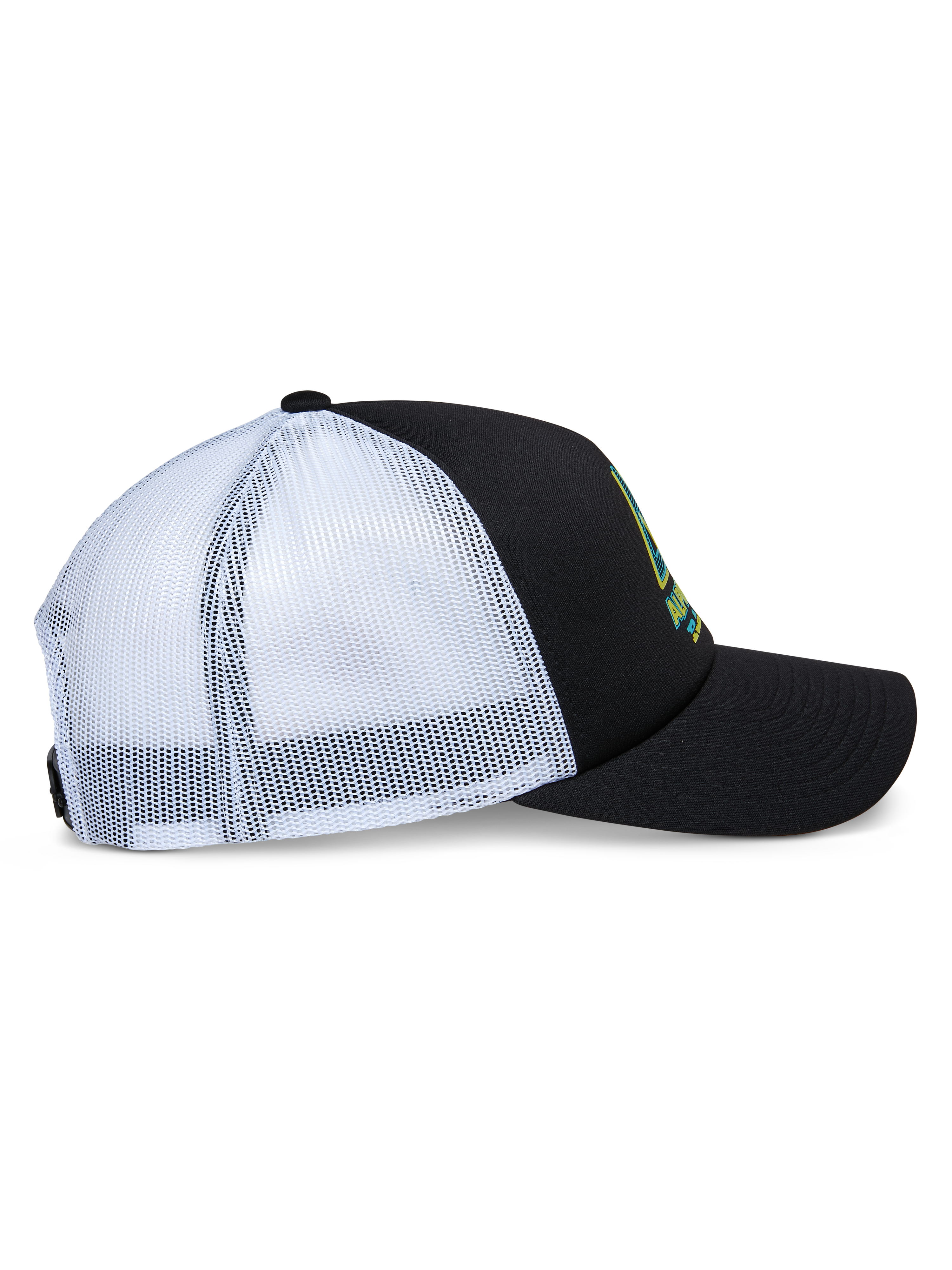 Alpinestars Ayess Trucker Pet, zijaanzicht, zwarte foam kroon en gebogen klep met witte mesh panelen aan de achterkant, logo-opdruk aan de voorzijde, casual motorsport-geïnspireerde snapback