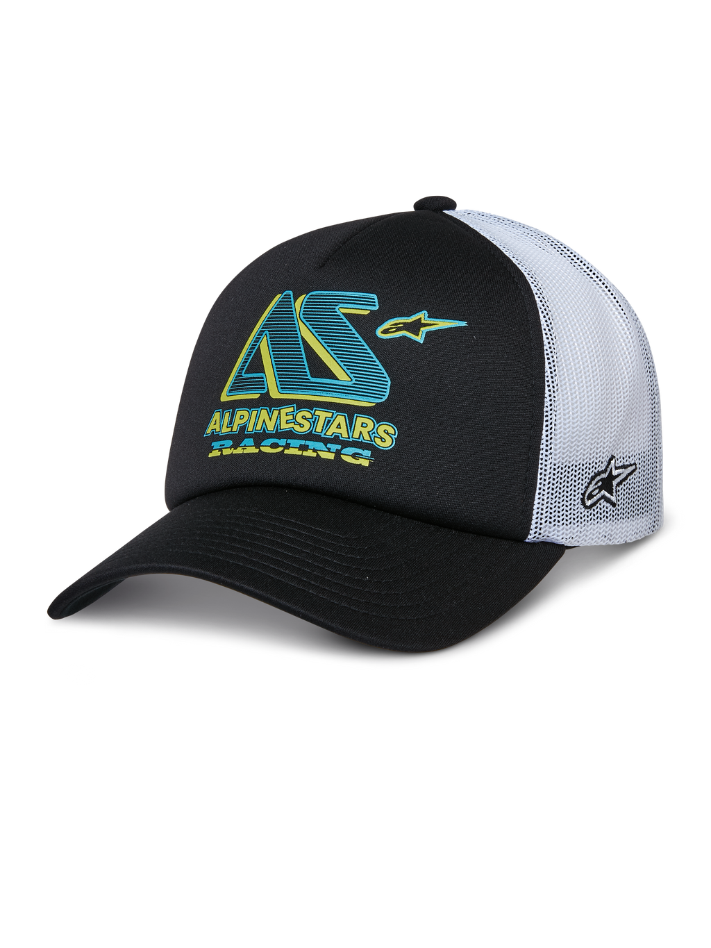 Alpinestars Ayess Trucker Hat, zwart-witte trucker cap, gebogen klep, witte mesh panelen aan de achterkant, blauwgroen en geel AS-logo met Alpinestars Racing-tekst, sterlogo aan de zijkant op de mesh, casual motorsport sportswear