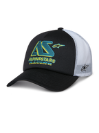Alpinestars Ayess Trucker Hat, zwart-witte trucker cap, gebogen klep, witte mesh panelen aan de achterkant, blauwgroen en geel AS-logo met Alpinestars Racing-tekst, sterlogo aan de zijkant op de mesh, casual motorsport sportswear