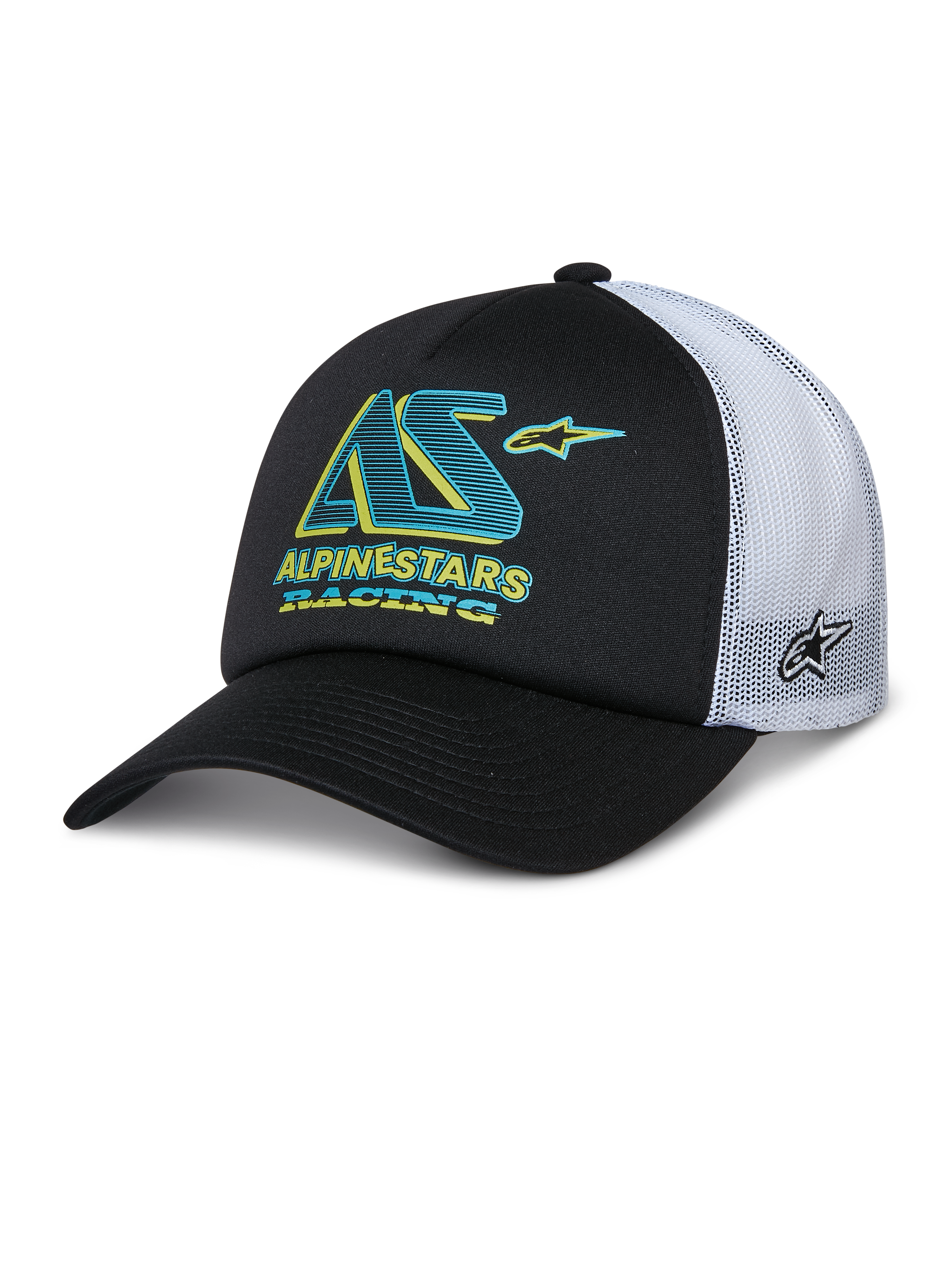 Alpinestars Ayess Trucker Hat, zwart-witte trucker cap, gebogen klep, witte mesh panelen aan de achterkant, blauwgroen en geel AS-logo met Alpinestars Racing-tekst, sterlogo aan de zijkant op de mesh, casual motorsport sportswear