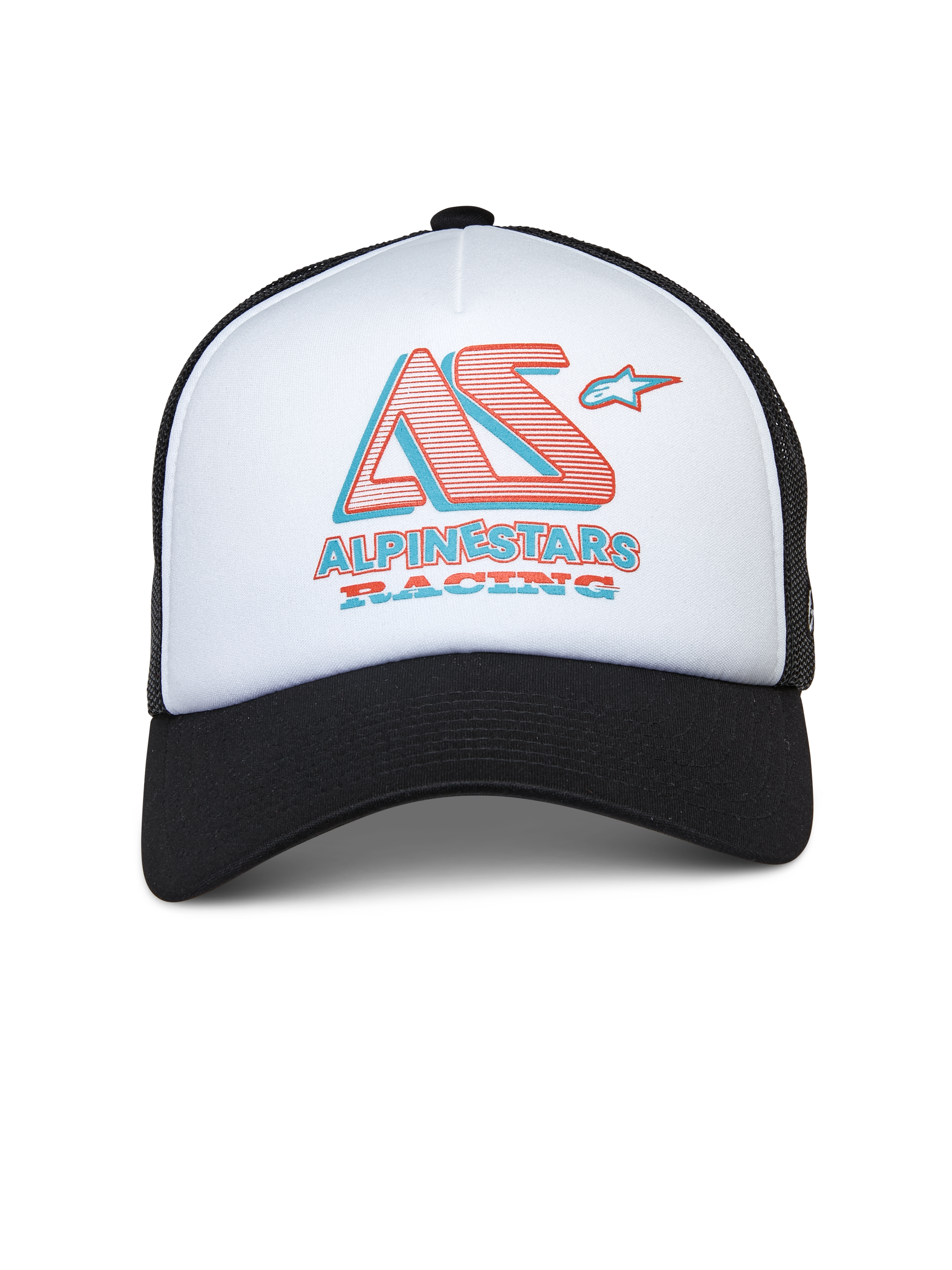 Alpinestars Ayess Trucker pet, wit en zwarte trucker pet, wit schuim voorpaneel met zwarte gebogen klep en mesh achterkant, gestileerd AS- en Alpinestars Racing-logo in rood en blauw, casual motorsport-geïnspireerde streetwear