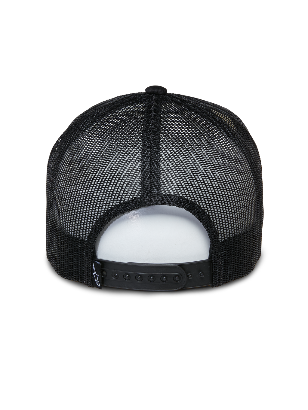 Alpinestars Ayess Trucker Pet, casual sportpet, wit en zwart, achteraanzicht met zwarte ademende mesh-panelen en verstelbare snapback-sluiting, klassiek trucker-ontwerp met schuimkroon