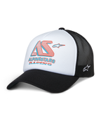 Alpinestars Ayess Trucker Hat, witte en zwarte mesh pet met rood en blauw AS Racing-logo, gebogen klep, sportief casual ontwerp
