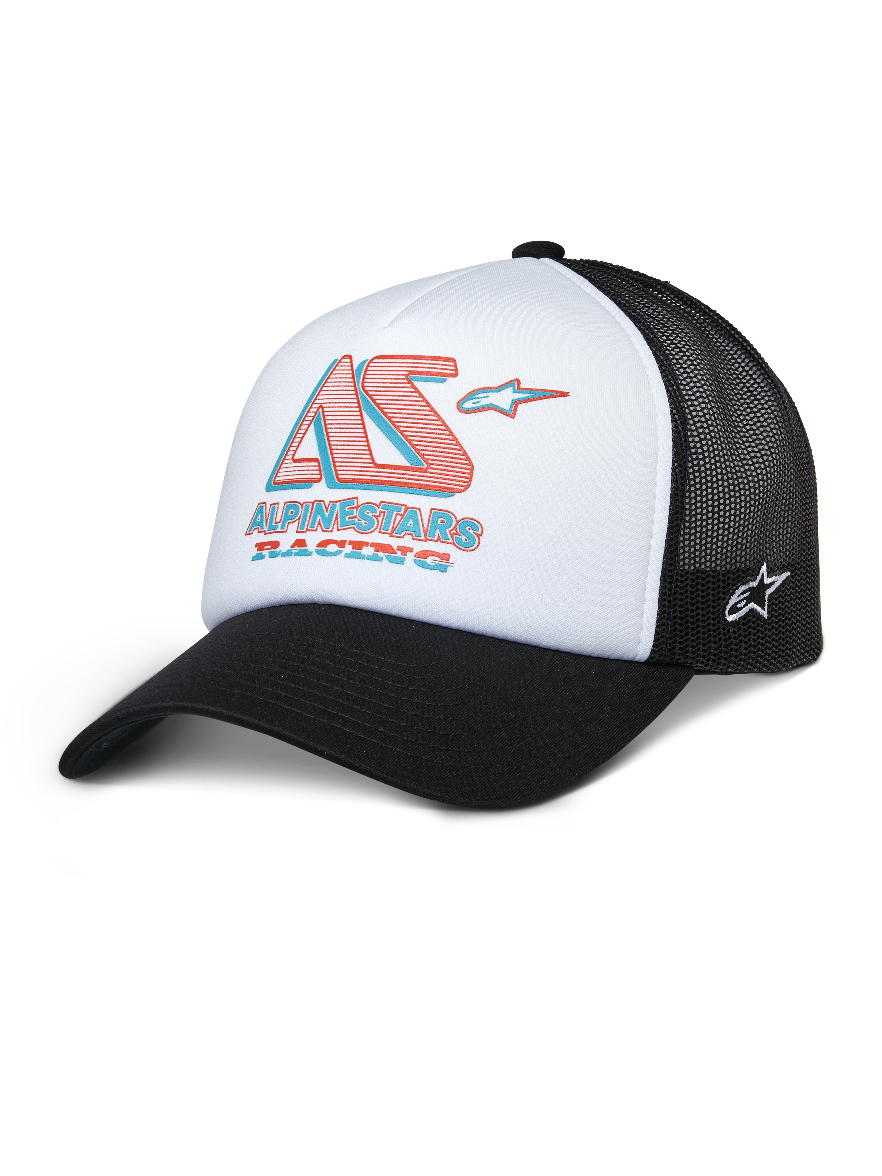 Alpinestars Ayess Trucker Hat, witte en zwarte mesh pet met rood en blauw AS Racing-logo, gebogen klep, sportief casual ontwerp