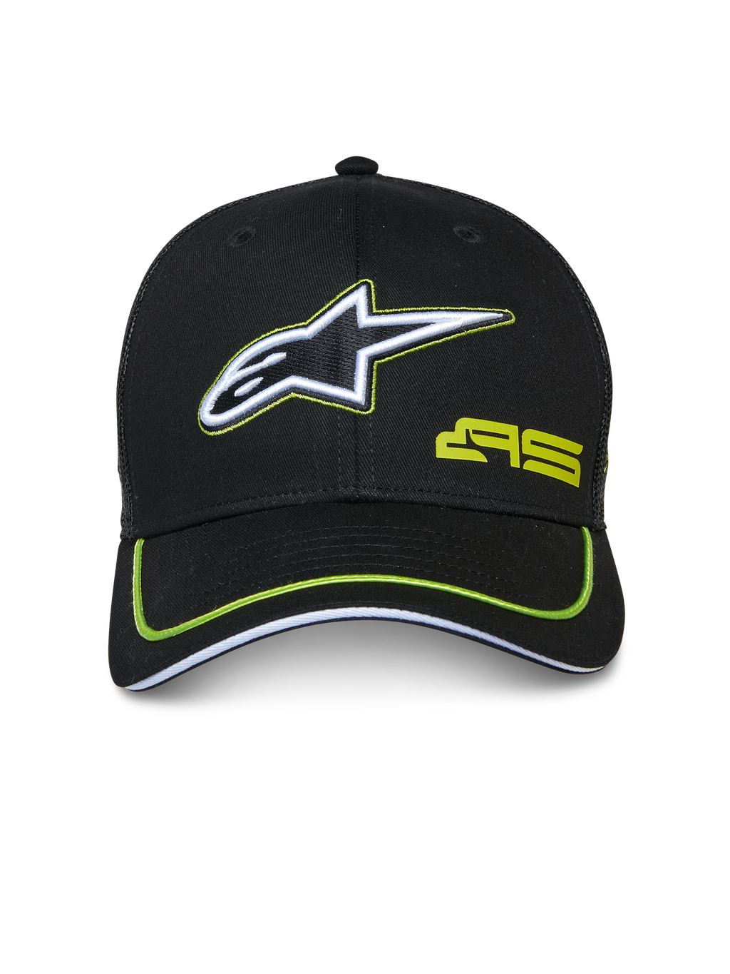 Alpinestars Exceed Trucker pet, zwart met limoengroene accenten, geborduurd wit en zwart sterlogo, limoengroen AS-logo, gebogen klep met neon bies, casual motorsport-geïnspireerde pet