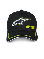 Alpinestars Exceed Trucker pet, zwart met limoengroene accenten, geborduurd wit en zwart sterlogo, limoengroen AS-logo, gebogen klep met neon bies, casual motorsport-geïnspireerde pet